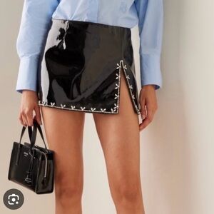 Glossy Black Mini Skirt with Embellished Trim